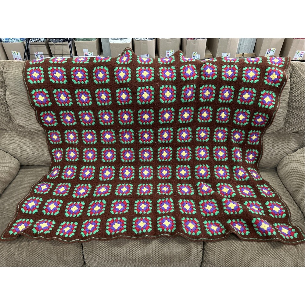 Vtg 70s Brown Multicolor Flower Square Afghan Blanket Granny Crochet Throw 48x60